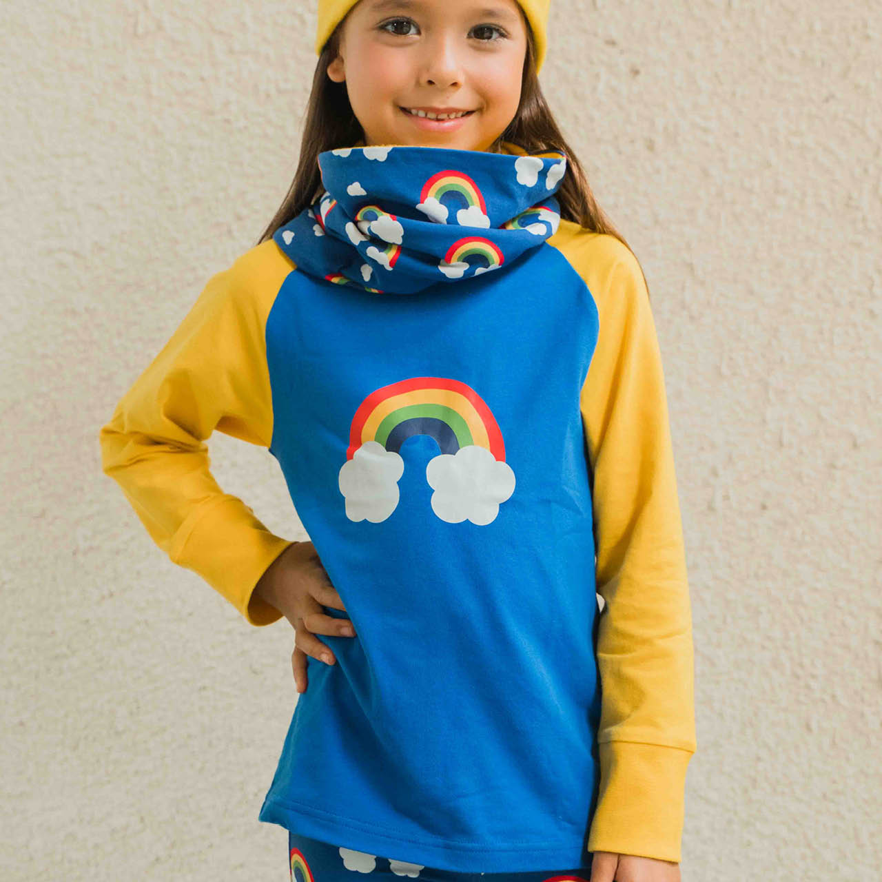 Raglanshirt langarm Regenbogen blau-gelb