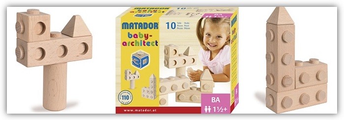 Produktfoto Babyarchtect-Set 10 von der Verpackung und 2 aufgebauten Figuren