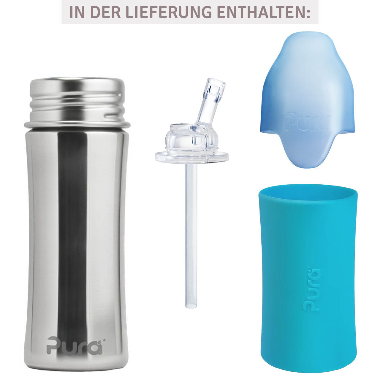 Edelstahl Flasche mit Trinkhalm ab 12 M - open end aqua-blau