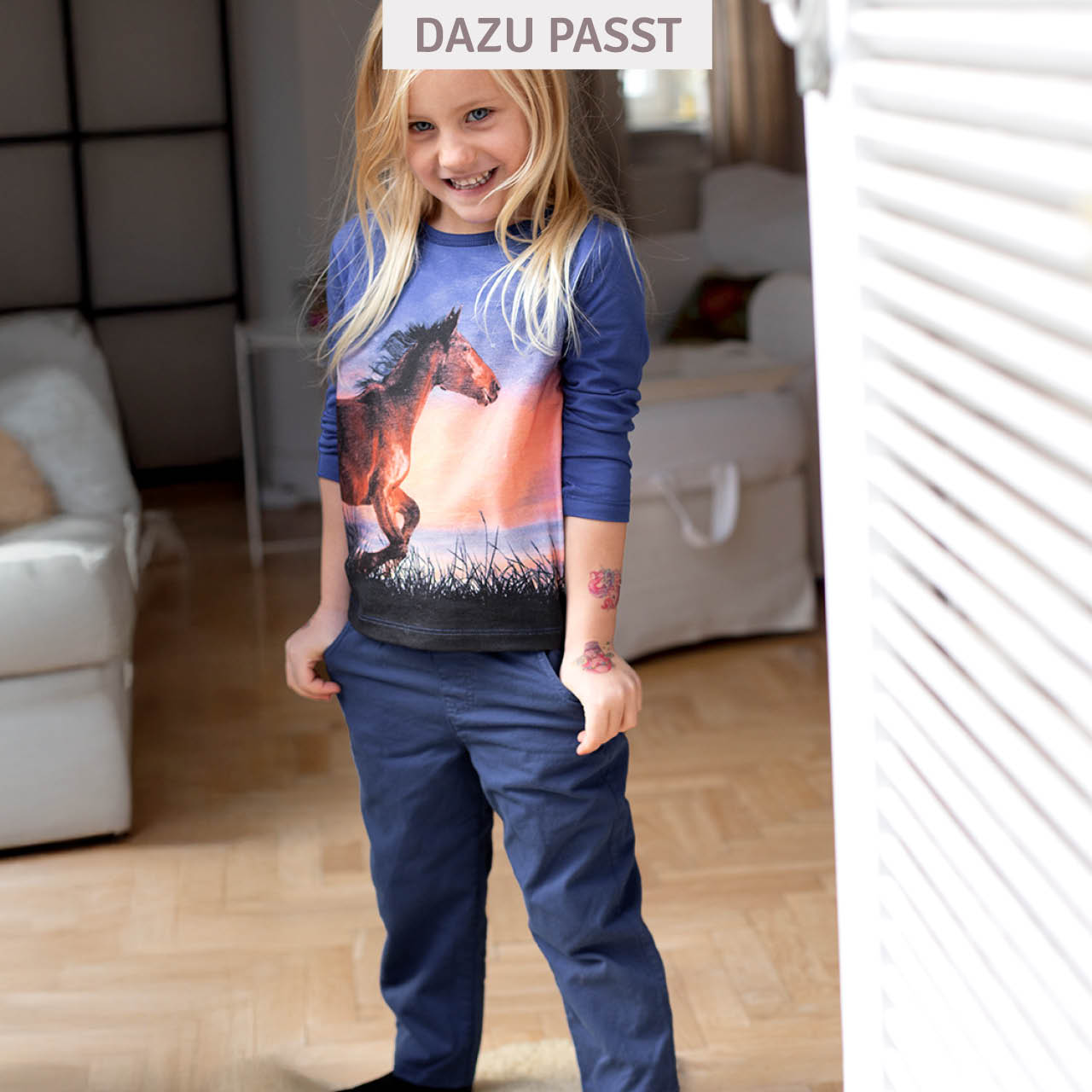 Langarmshirt großer Pferde-Druck blau