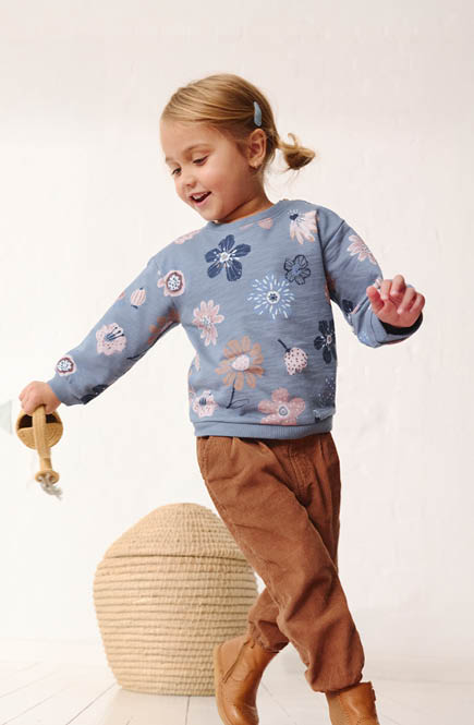 Weiches Baby Sweatshirt große Blumen rauchblau