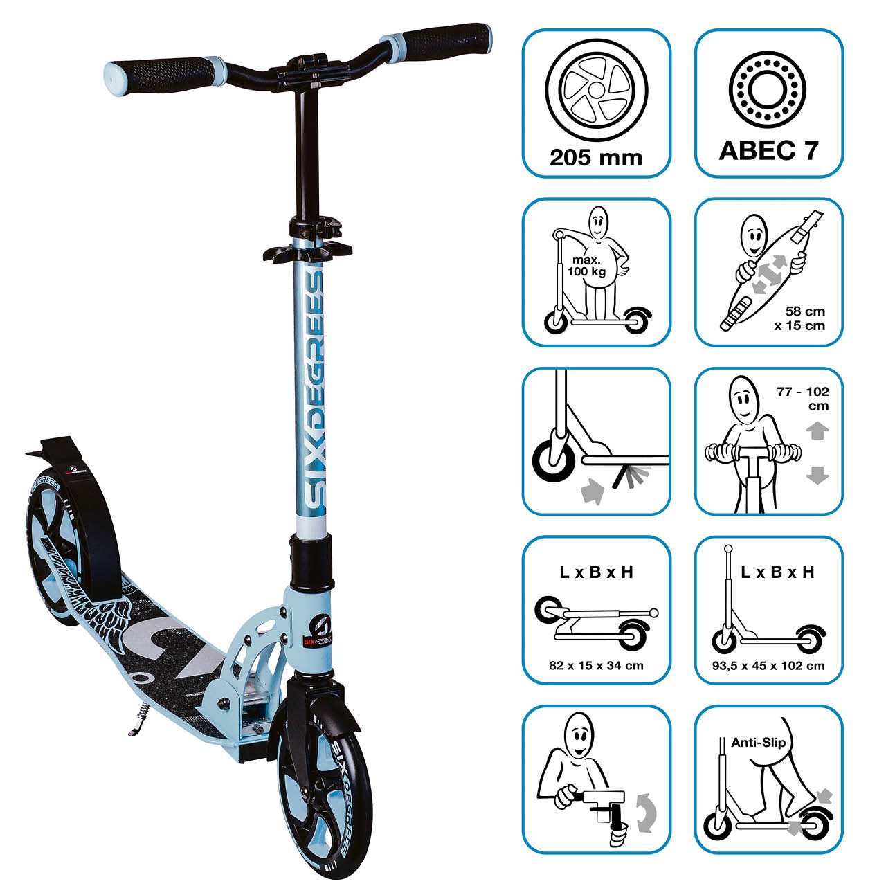 Alu Scooter ab 6 Jahre 35-100kg 205mm-Rädern Pastellblau