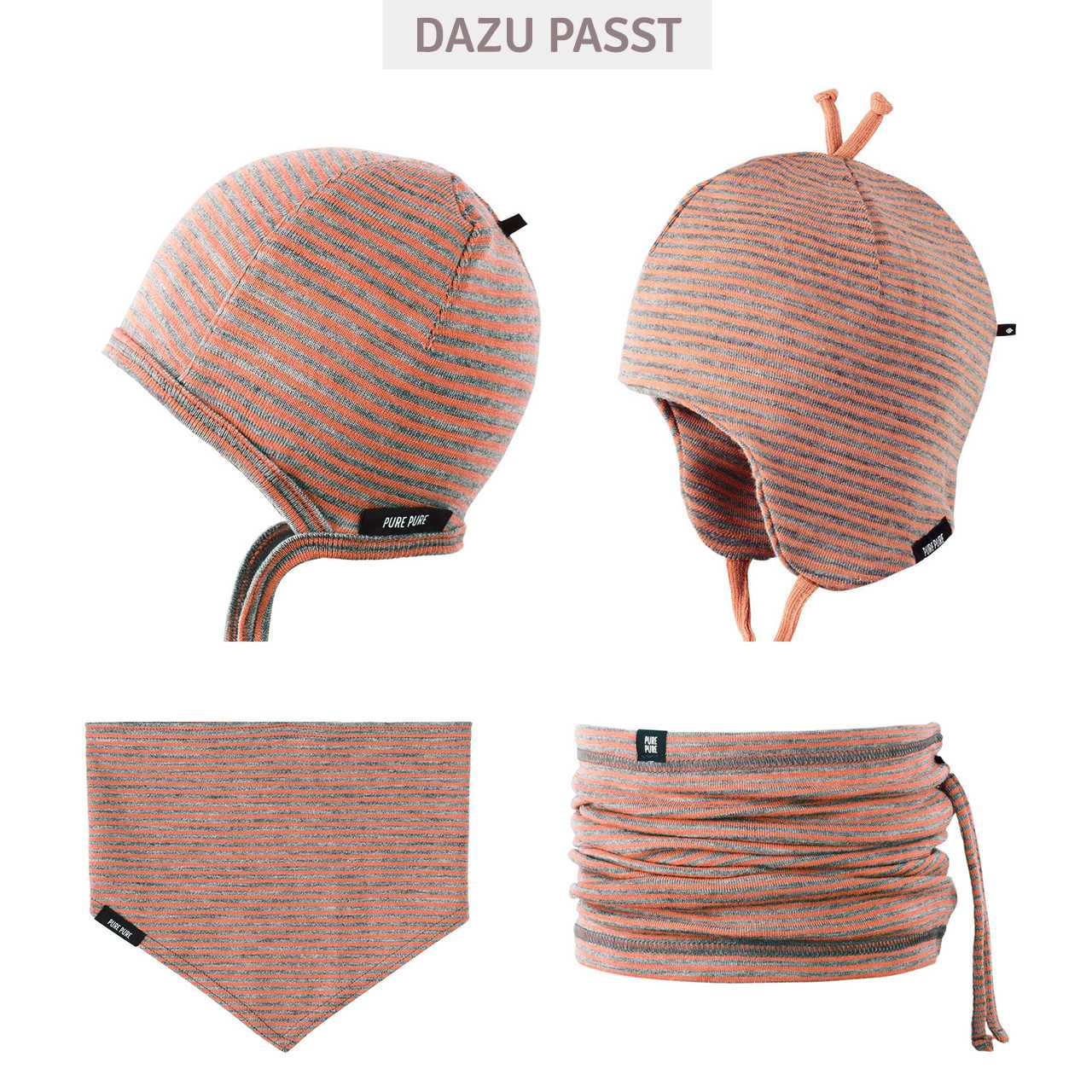 Wolle Seide 3in1 Schlauchschal Beanie apricot-grau