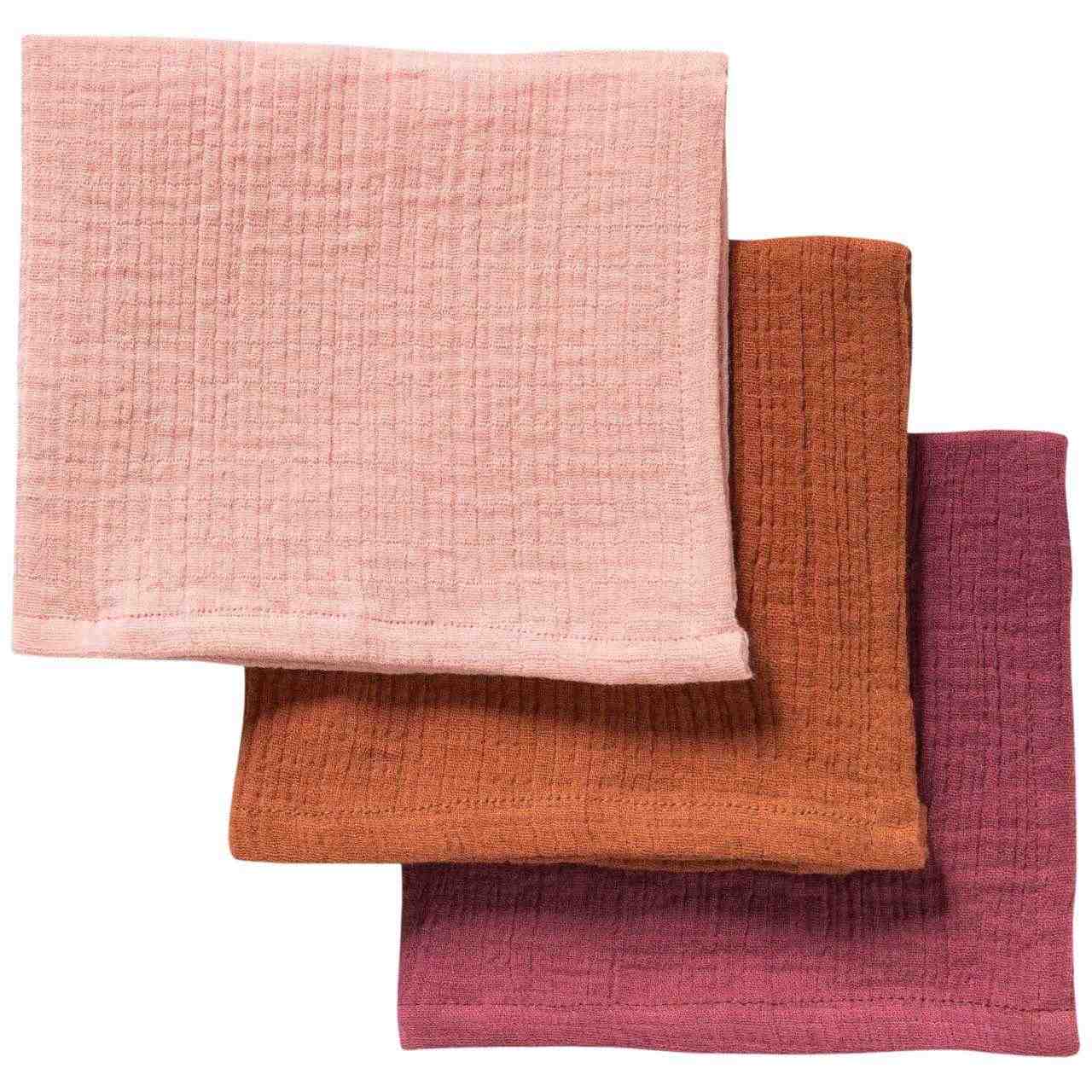 Mullwaschlappen 3er Pack 25 x 25 bordeaux, zimt, rosa