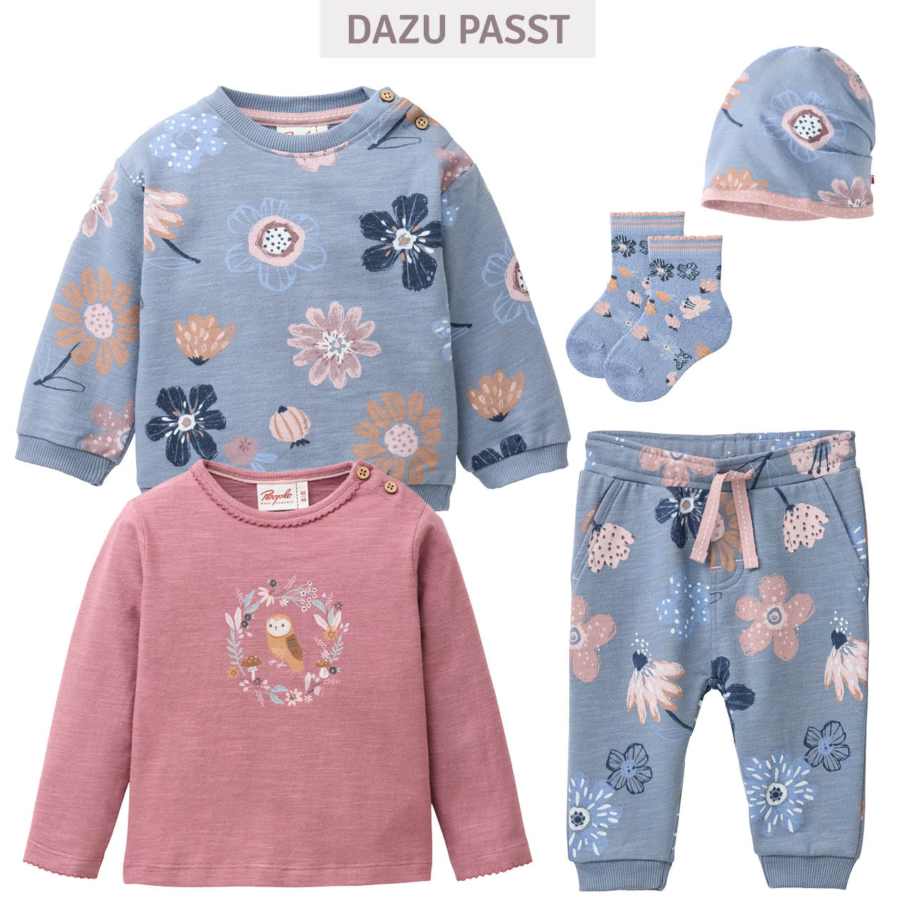 Weiches Baby Sweatshirt große Blumen rauchblau