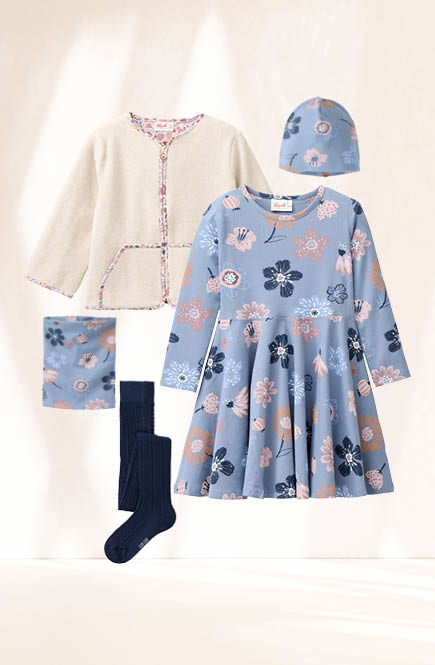 Langarm Flatterkleid Herbstblumen rauchblau
