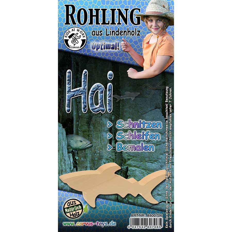 Schnitzrohling Holztier - Hai Fisch