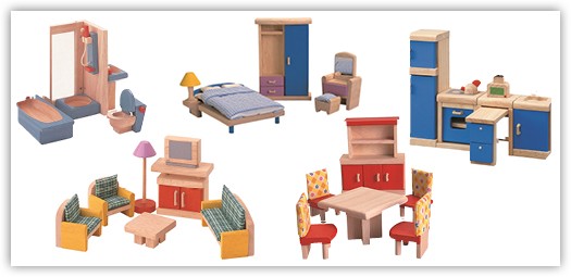 Produktfotos von Puppenmöbeln für Küche, Wohn-, Ess-, Schlaf- oder Badezimmer