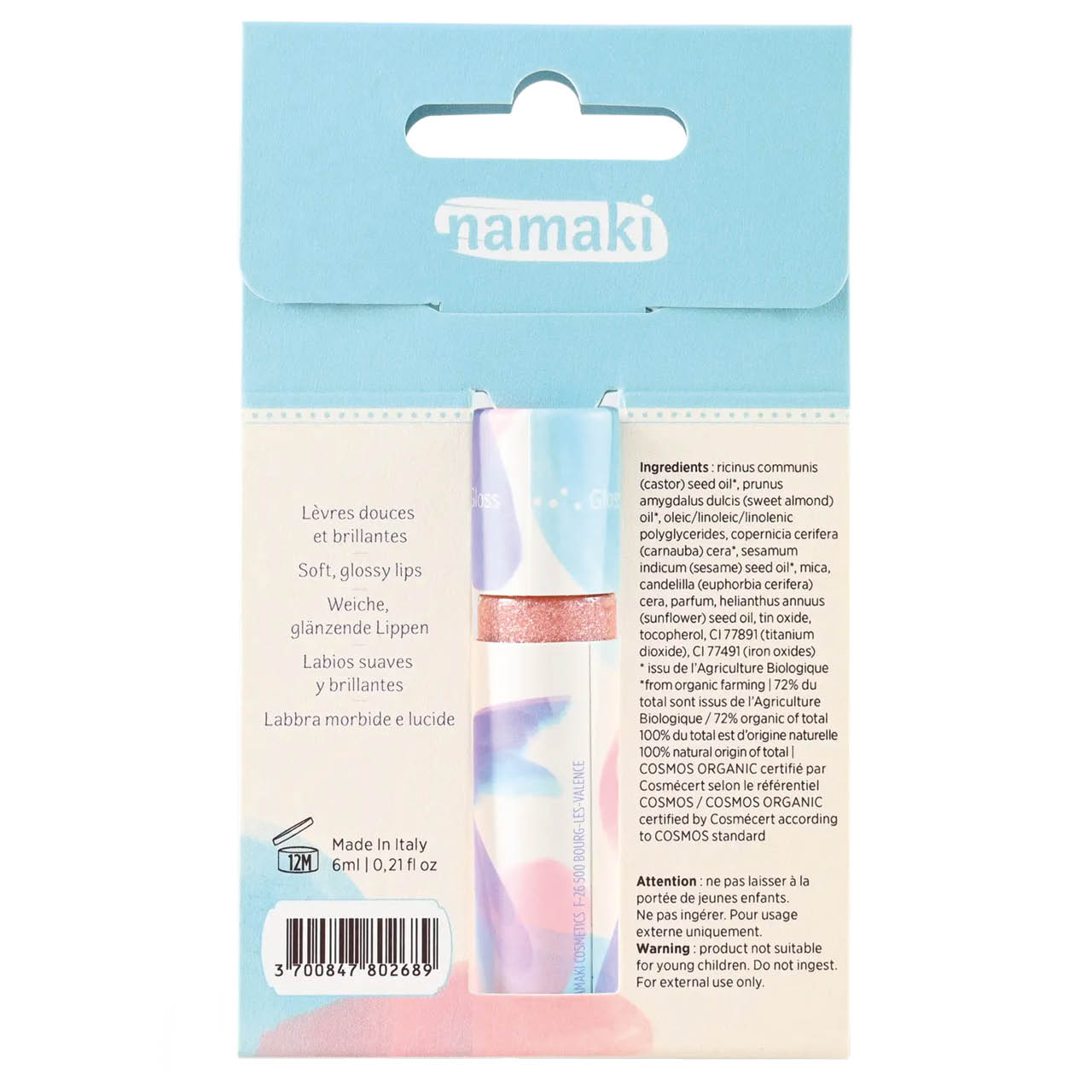 Bio Lipgloss für Kinder in Glitzer Rosa mit Pfirsichduft