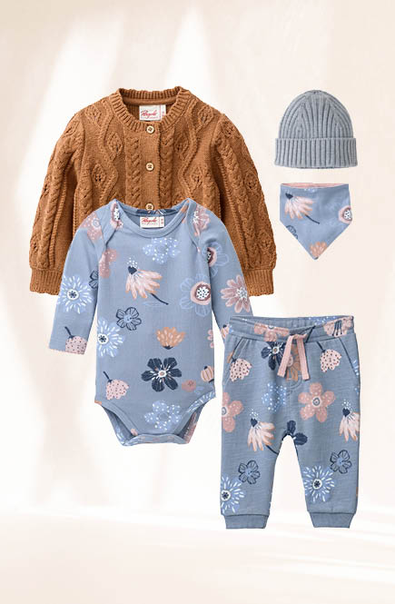 Edler Jersey Langarmbody große Blumen rauchblau
