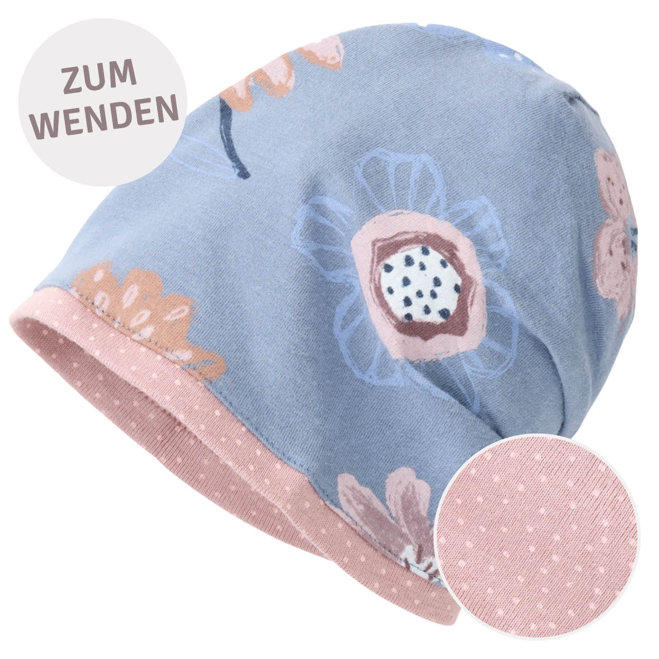 Wende-Beanie Blumen rauchblau Wende-Beanie Blumen rauchblau