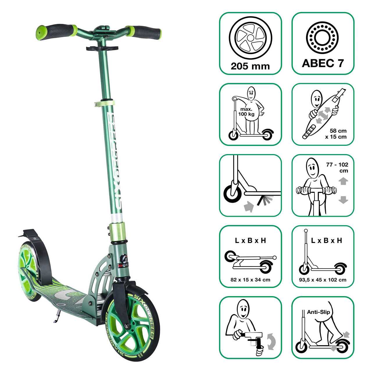 Alu Scooter ab 6 Jahre 35-100kg 205mm-Rädern grün