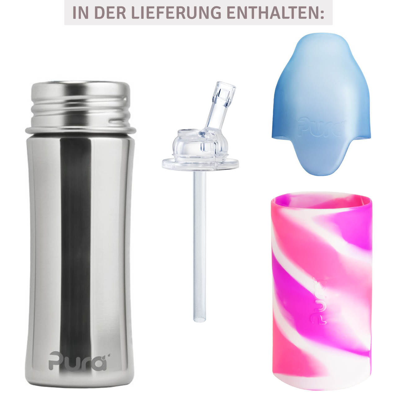 Edelstahl Flasche mit Trinkhalm ab 12 M open end pink swirl