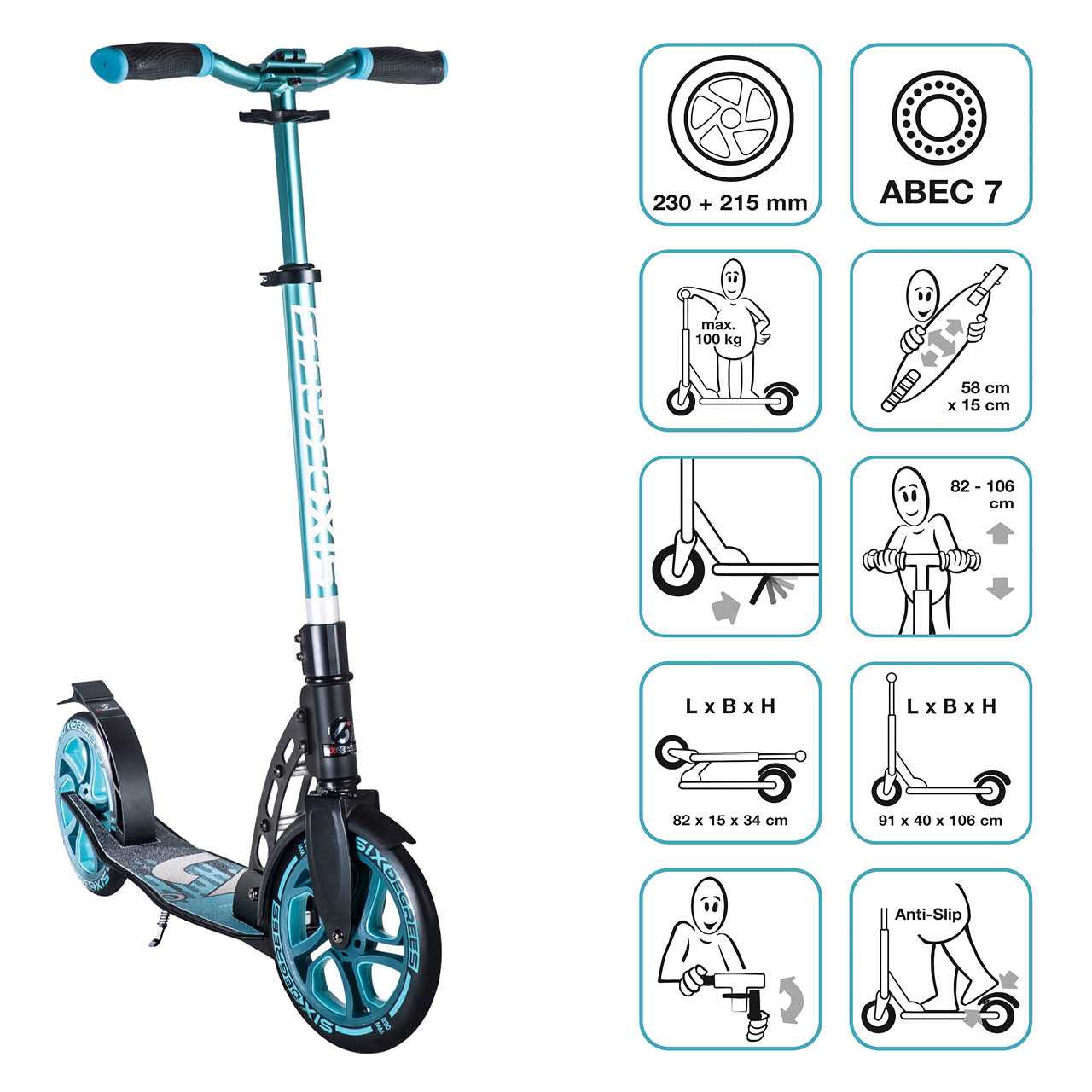 Alu Scooter Türkis bis 100kg 6-99 Jahre 215/230m-Räder