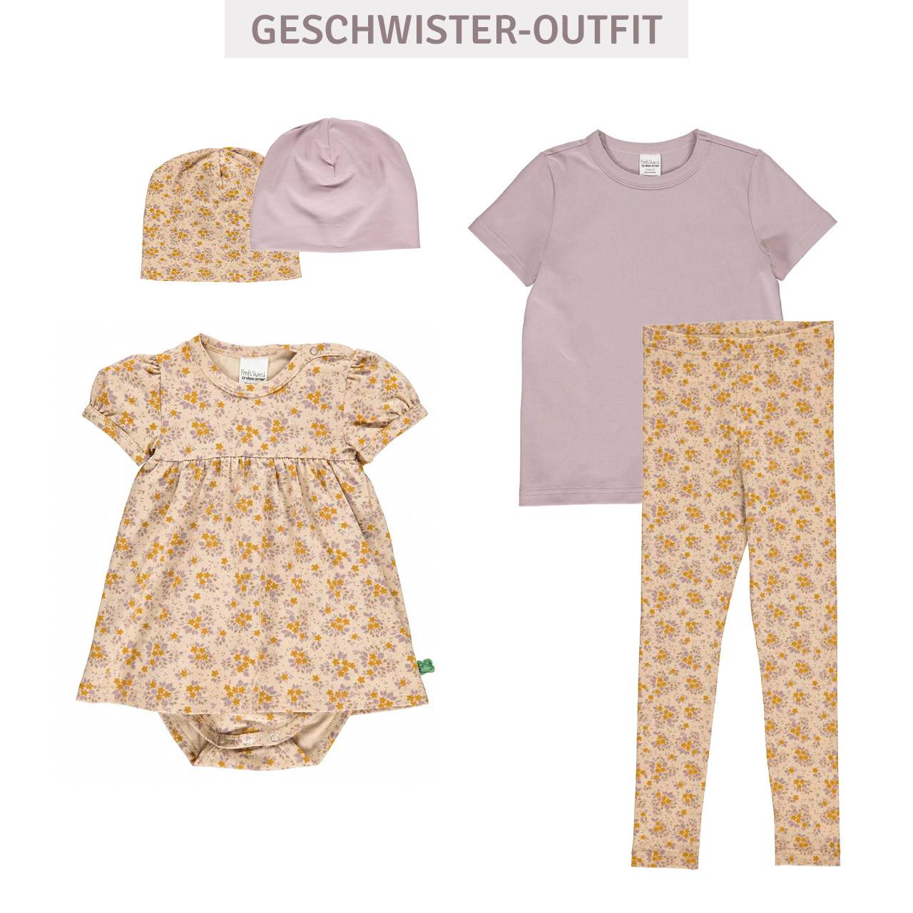 Body kurzarm Kleidchen Blümchen-Muster beige