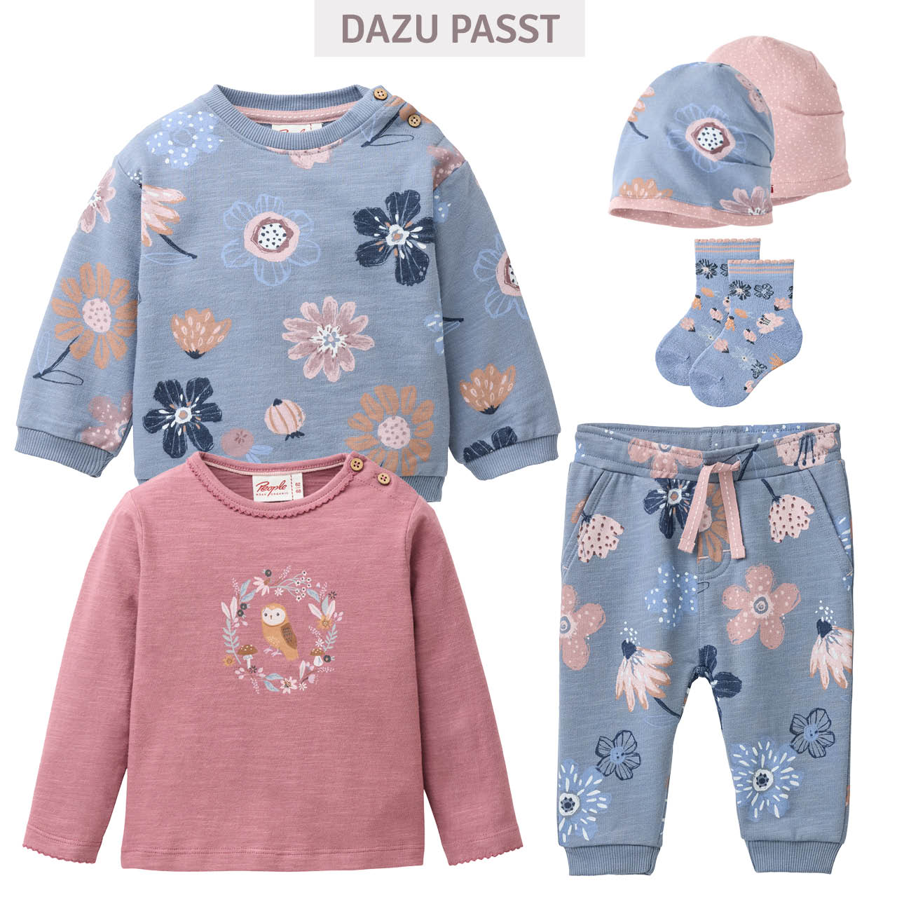 Wende-Beanie Blumen rauchblau