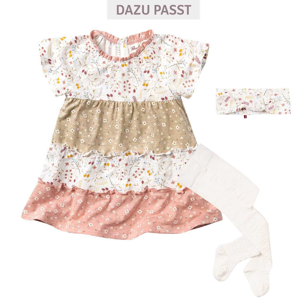 Luftiges Stufenkleid kurzarm Blümchen rosa-beige