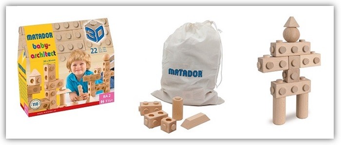 Produktfoto Babyarchtect-Set 22 on der Verpackung, dem Aufbewahrungsbeutel und einer aufgebauten Figur aufgebauten Figuren