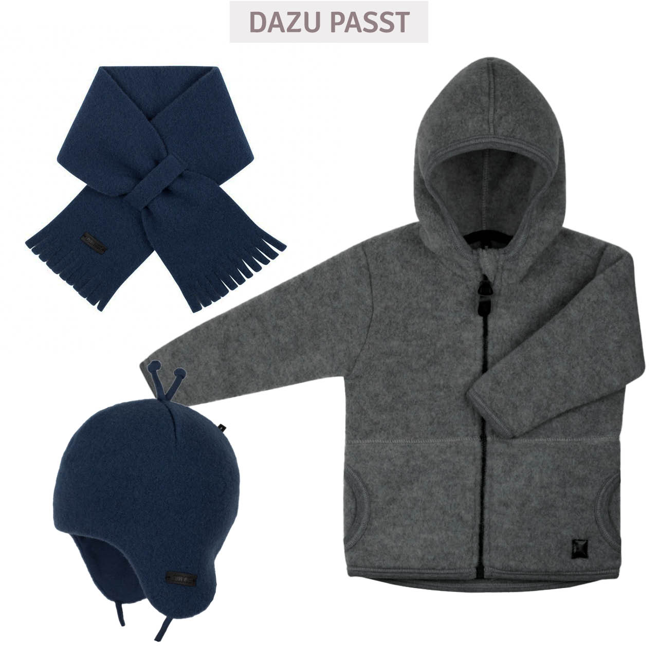 Schurwolle Fleece Jacke Kapuze schiefer-grau