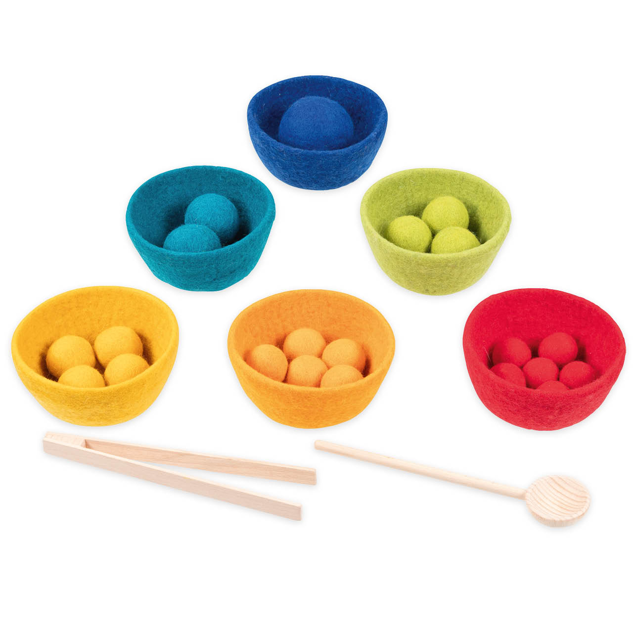 Farbsortierspiel mit 6 Schalen aus Wollfilz und Zubehör