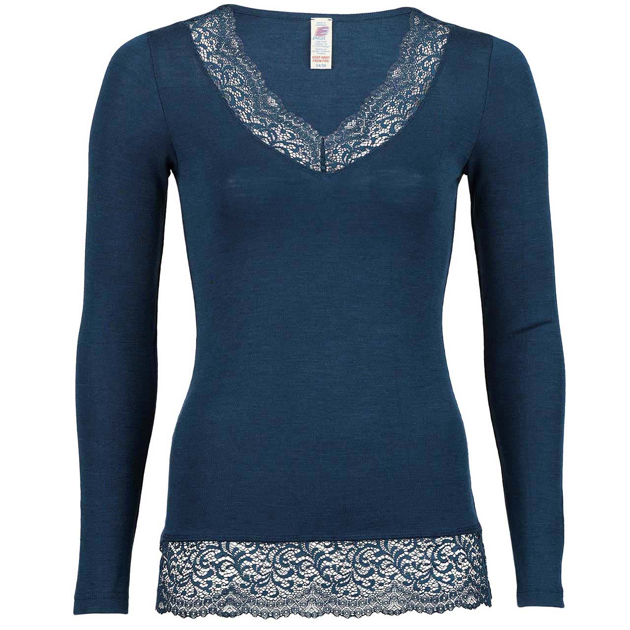 Damen Wolle Seide Langarmshirt mit Spitze