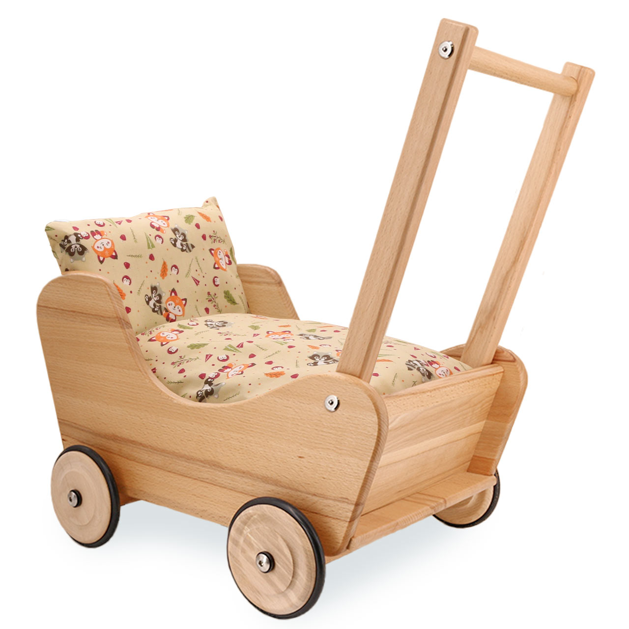 Klassischer Puppenwagen Vollholz Waldtiere 53 cm Griffhöhe