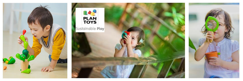 Foto-Collage von drei Kindern, die mit unbedenklichem Spielzeug von PlanToys spielen