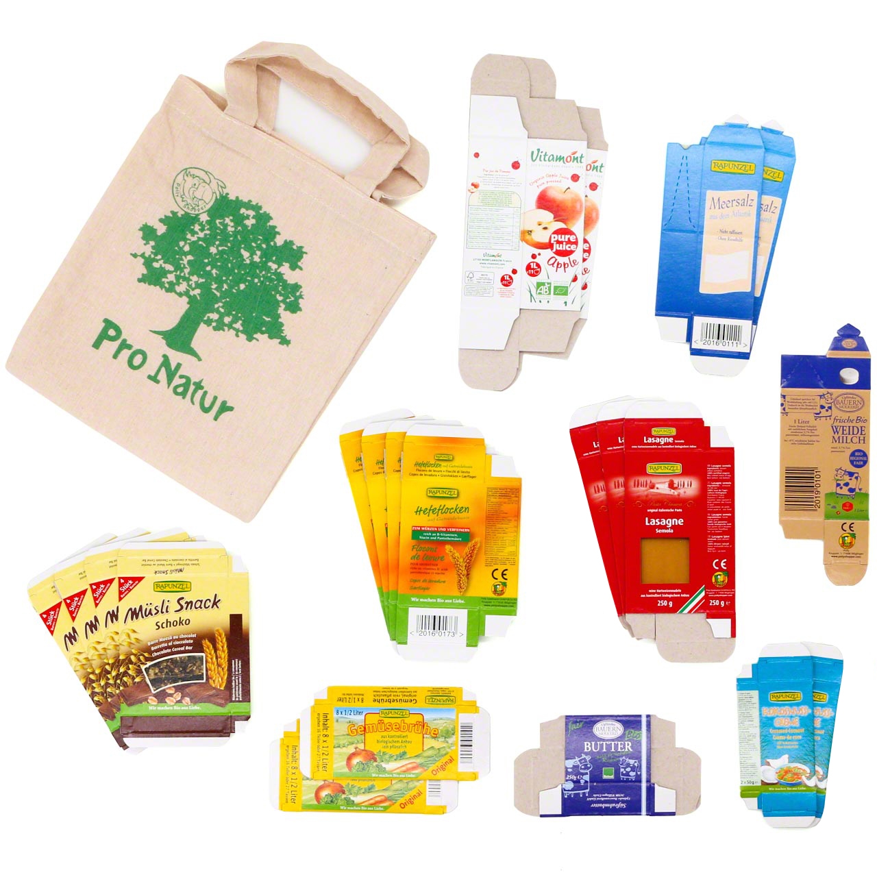 21 Faltschachtel Bio Produkte + Tasche