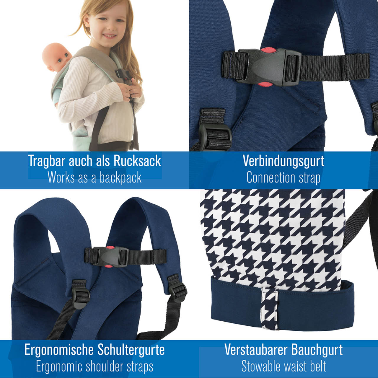 Kinder Puppentrage multifunktional - navy gemustert