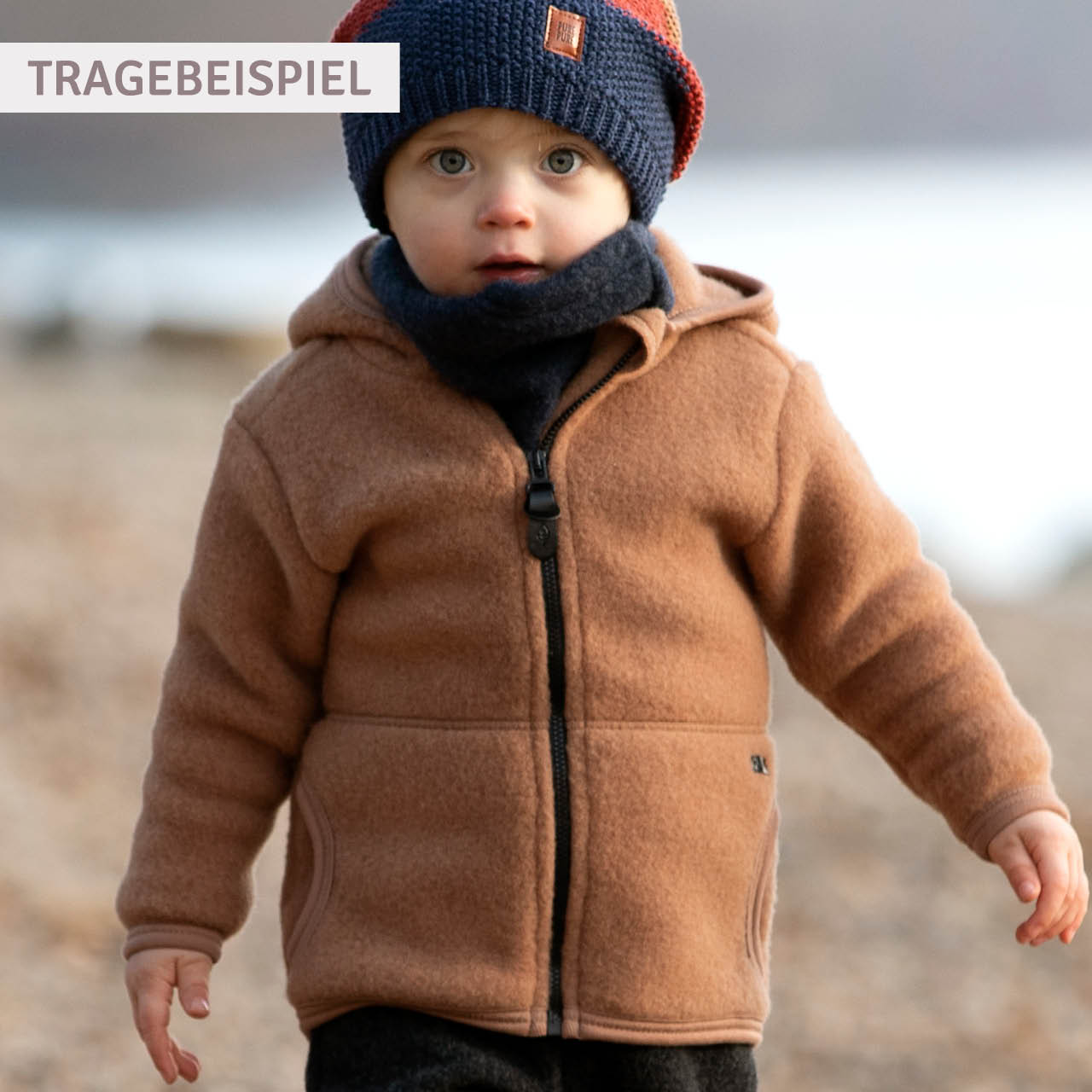 Schurwolle Fleece Jacke Kapuze schiefer-grau