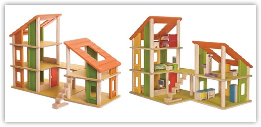 Produktbilder mit verschiedenen Stell-Möglichkeiten vom Charlet-Puppenhaus 