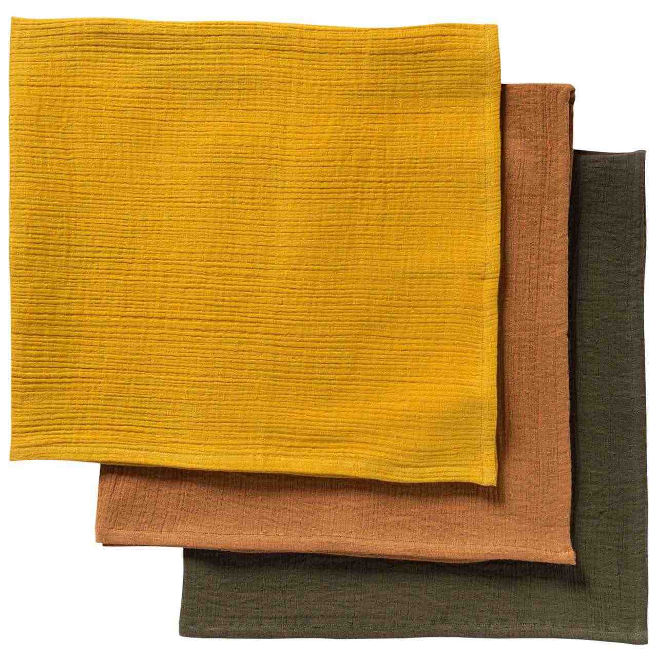 Mulltuch 3er Pack 65 x 65 cm khaki, karamell, senfgelb