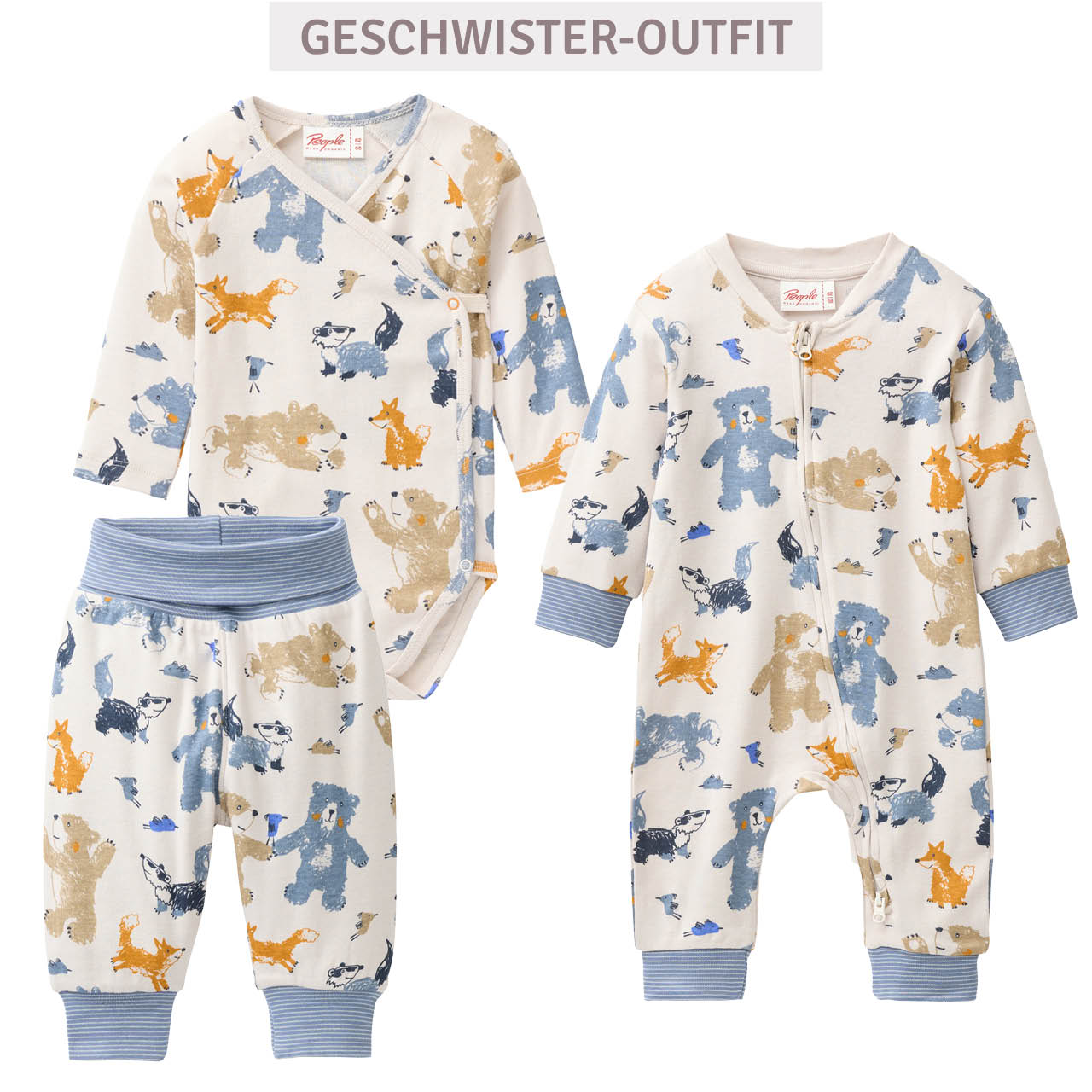 Rippe Langarmstrampler Waldtiere beige