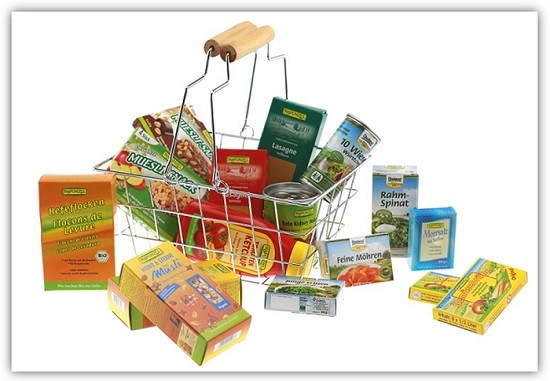 Produktfoto Metallkorb mit Holzgriffen und Nachbildungen von Lebensmitteln