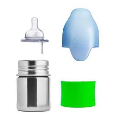 Baby-Milchflasche aus Edelstahl mit Sauger, Schutzkappe und Designhülle in Grün