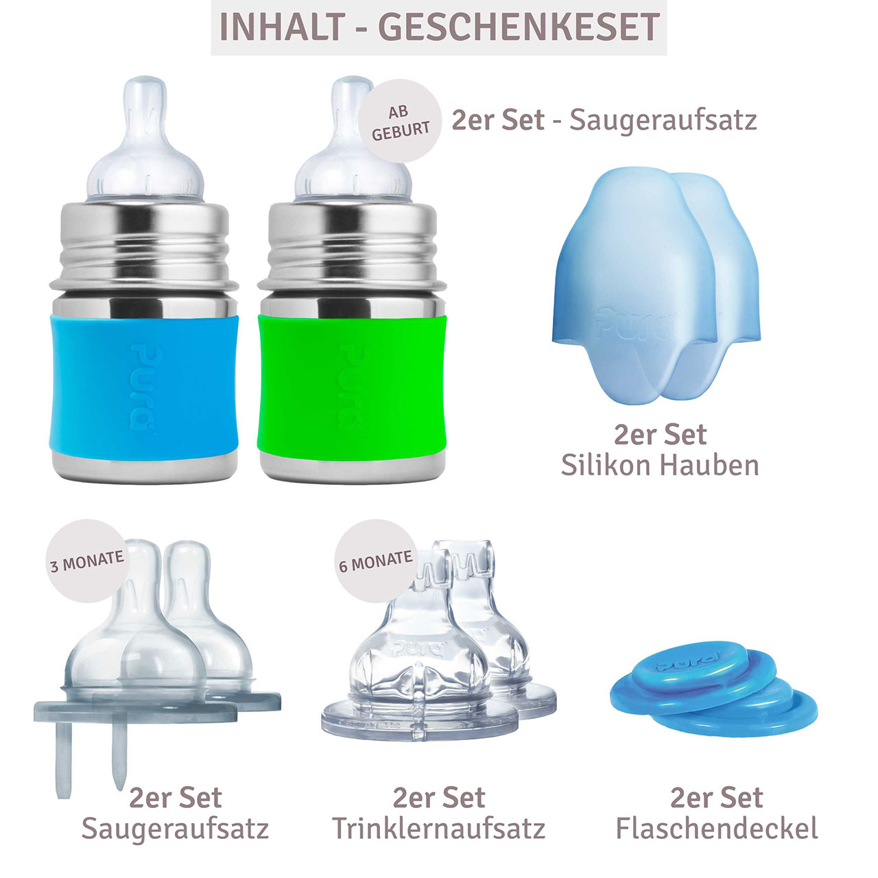 2 Babyflasche Edelstahl Geschenkeset ab Geburt grün blau