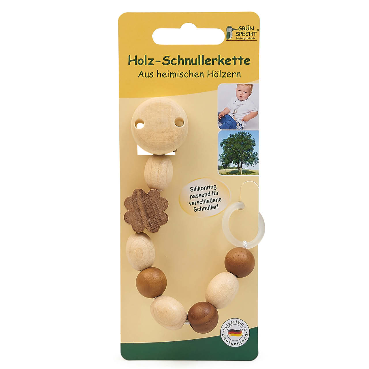 Holz-Schnullerkette Silikonring Kleeblatt