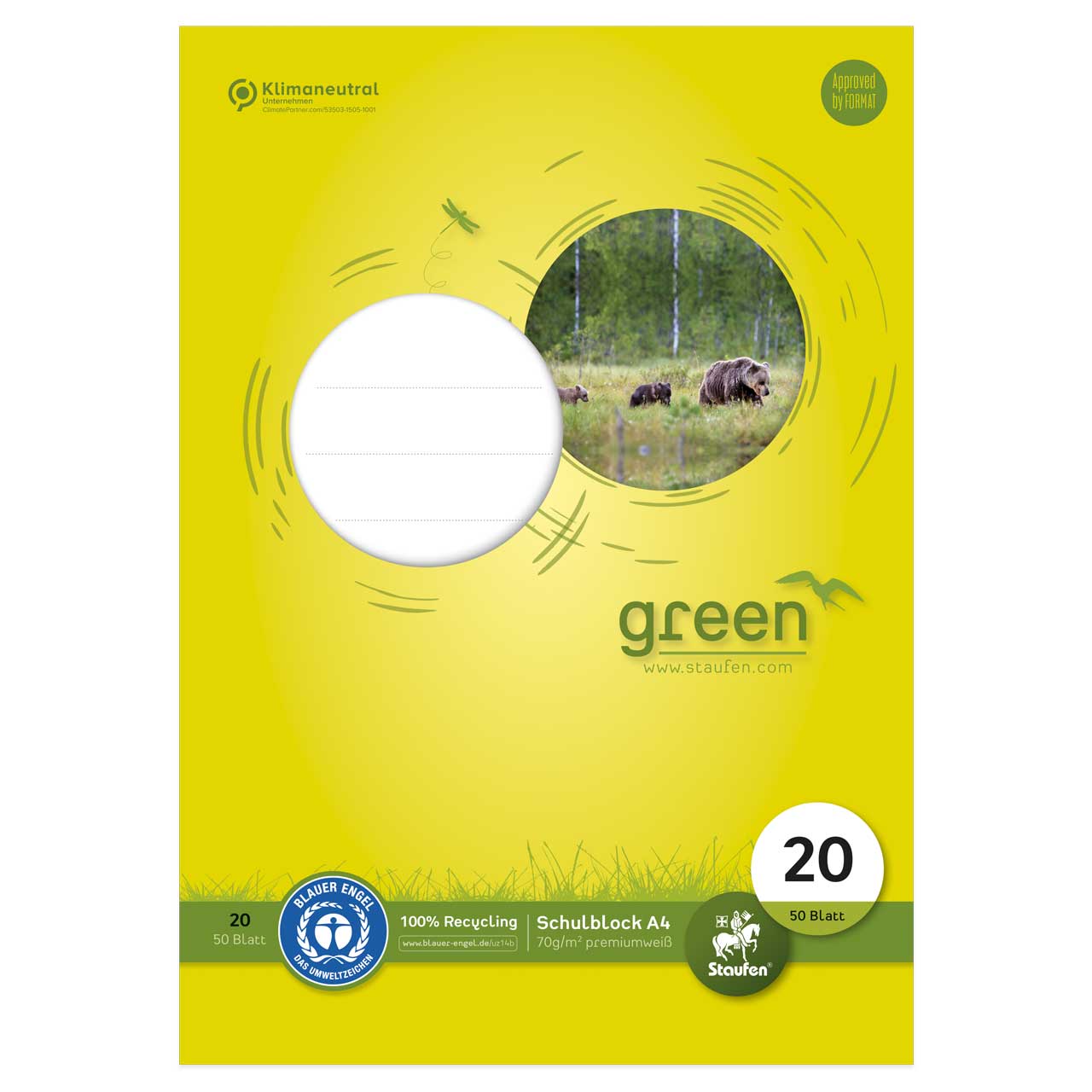 Staufen Green Schulblock blanko – Lineatur 20, DIN A4