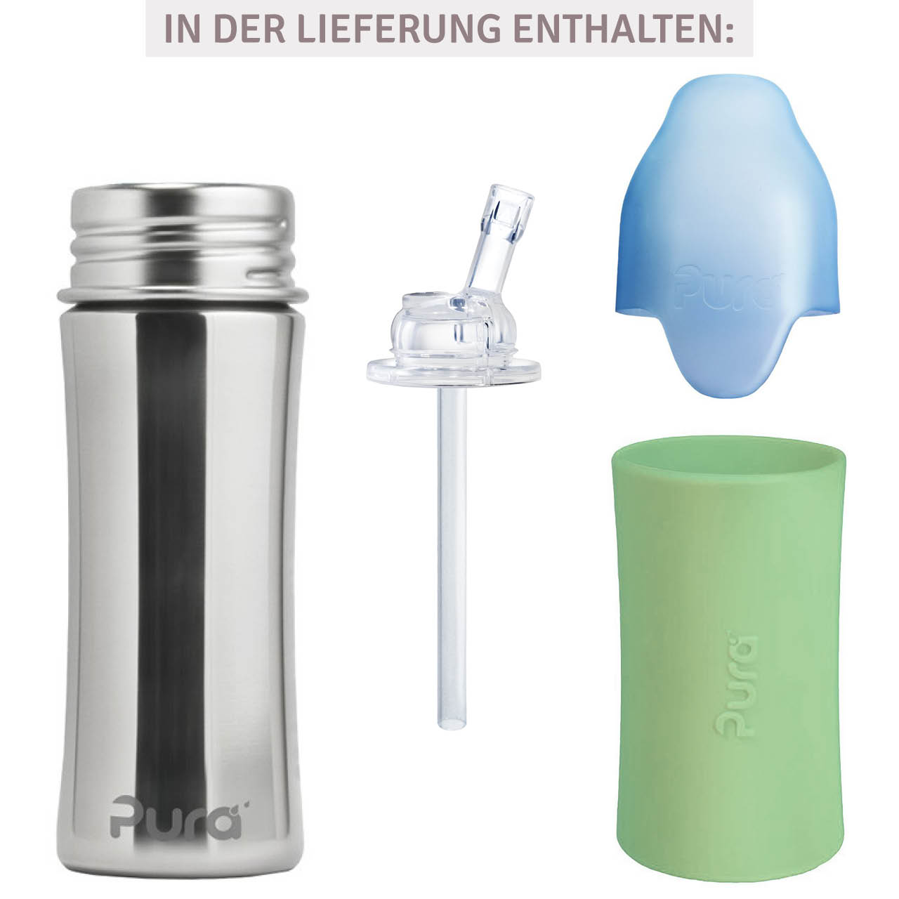 Edelstahl Flasche mit Trinkhalm ab 12 M - open end moos-grün