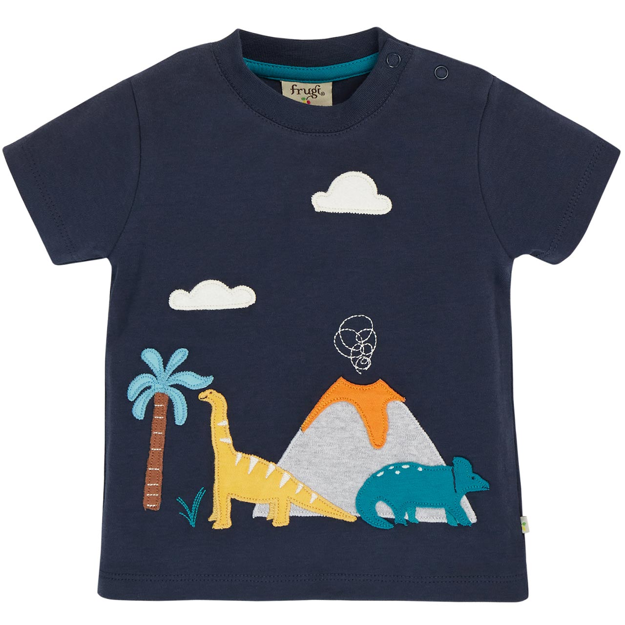 Dehnbares Interlock T-Shirt Dino Aufnäher indigo