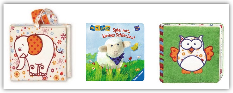 Zwei Fühlbücher mit einem Elefanten und einer Eule vorne und das Bilderbuch "Spiel mit, kleines Schäfchen!"