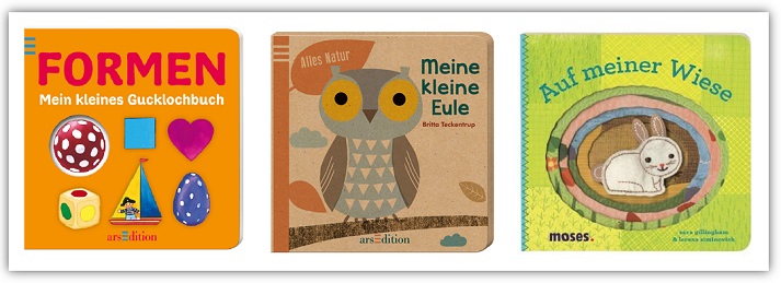 Drei Bilderbücher und Gucklochbücher über Formen, eine Eule und einen Hasen.