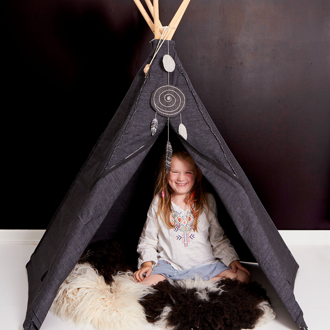 Kinder Tipi Bio Baumwolle 135 x 135 x 150 cm anthrazit