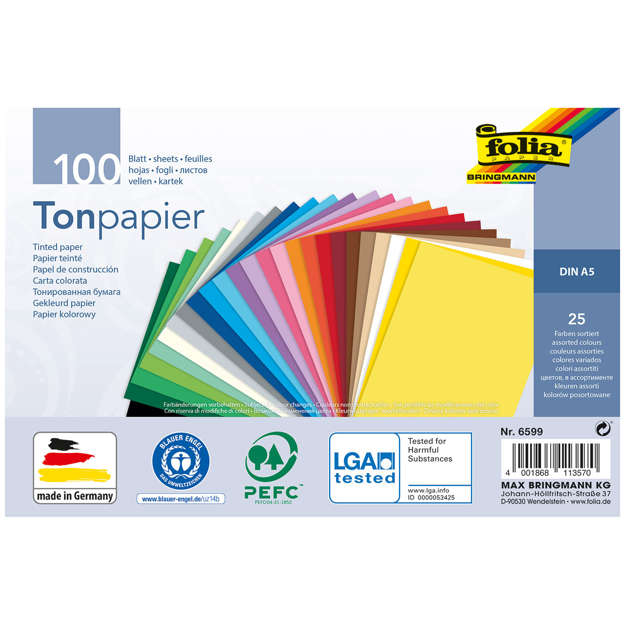 Tonpapier bunt DIN A5 100 Blatt recycelt