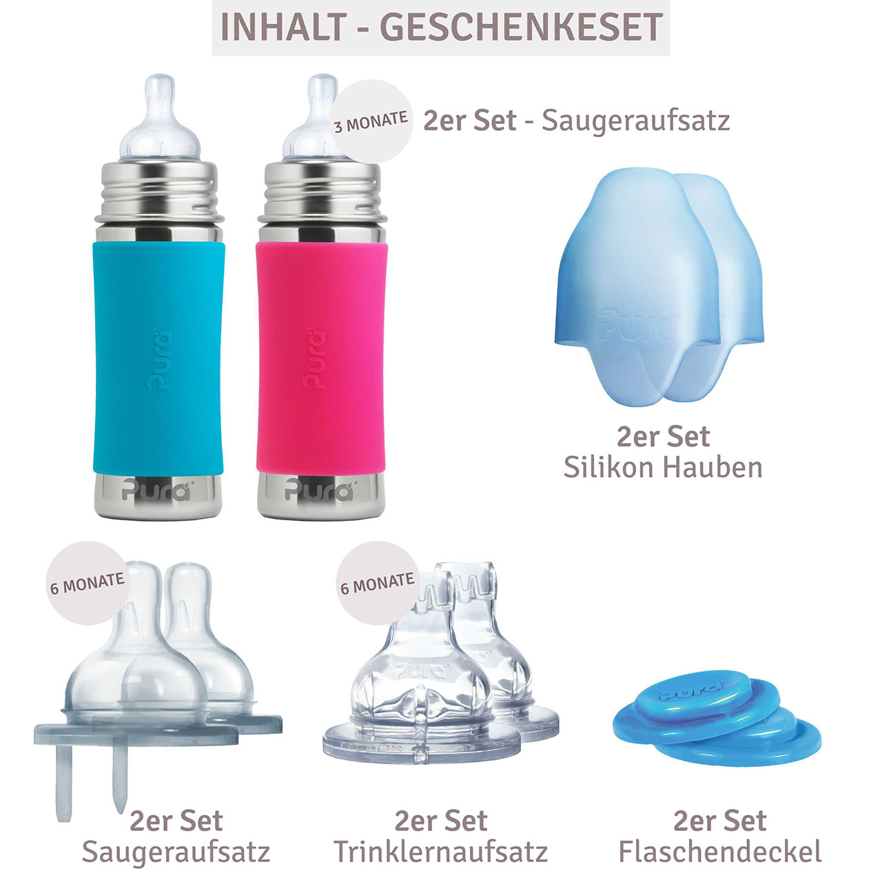 Geschenkset 2 Edelstahl Flaschen ab 3 Monate pink blau