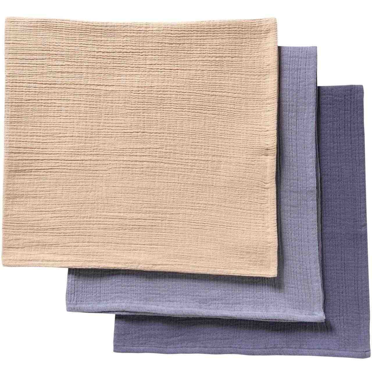 Mulltuch 3er Pack 65 x 65 cm rauchblau, taubenblau, sand