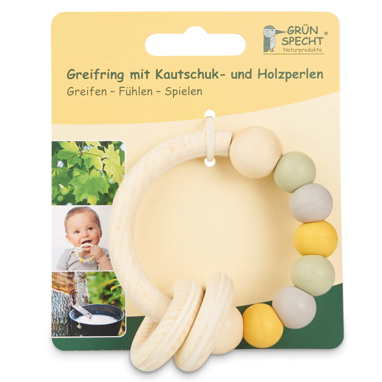 Greifring Kautschuk- und Holzperlen pastell