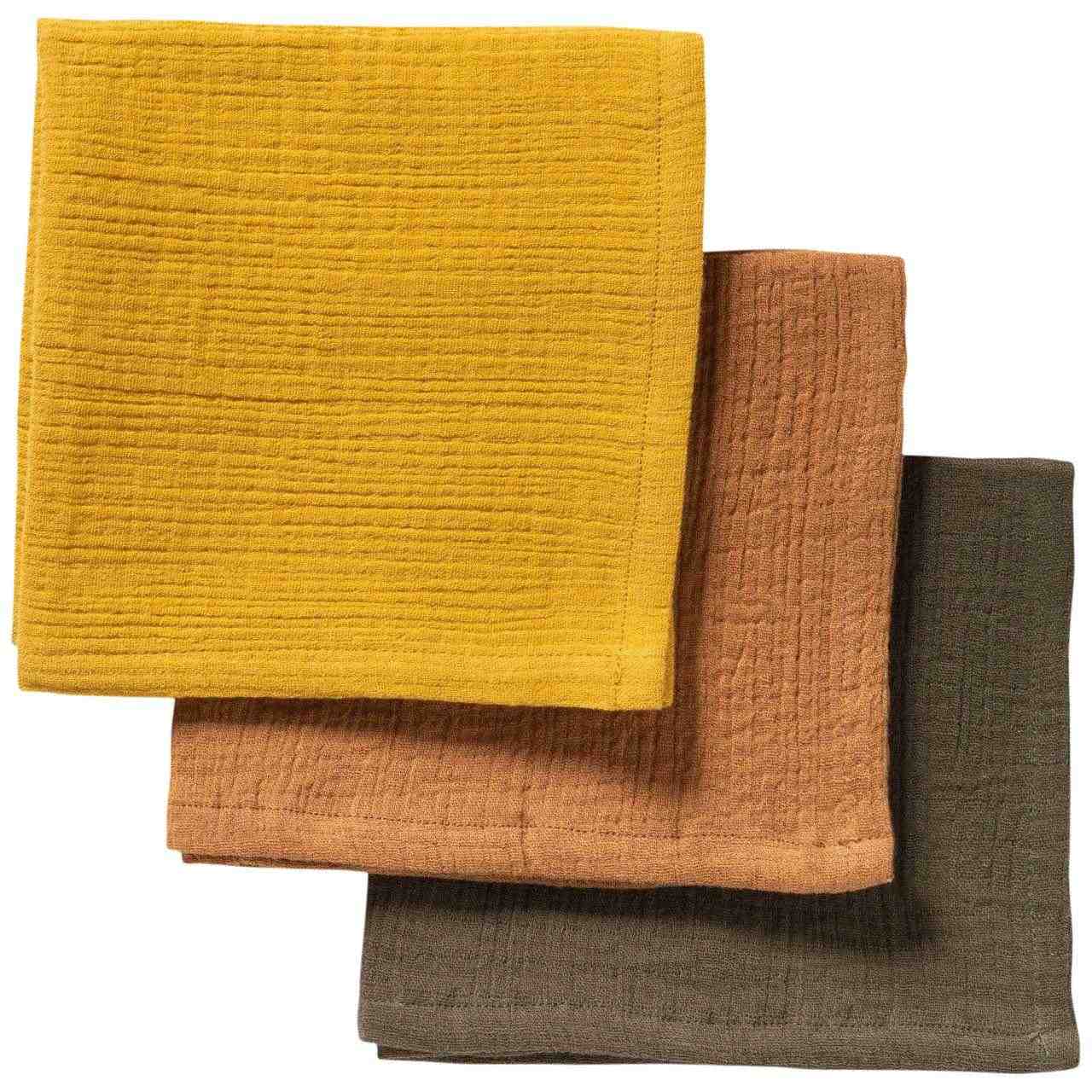 Mullwaschlappen 3er Pack 25 x 25 khaki, karamell, senfgelb