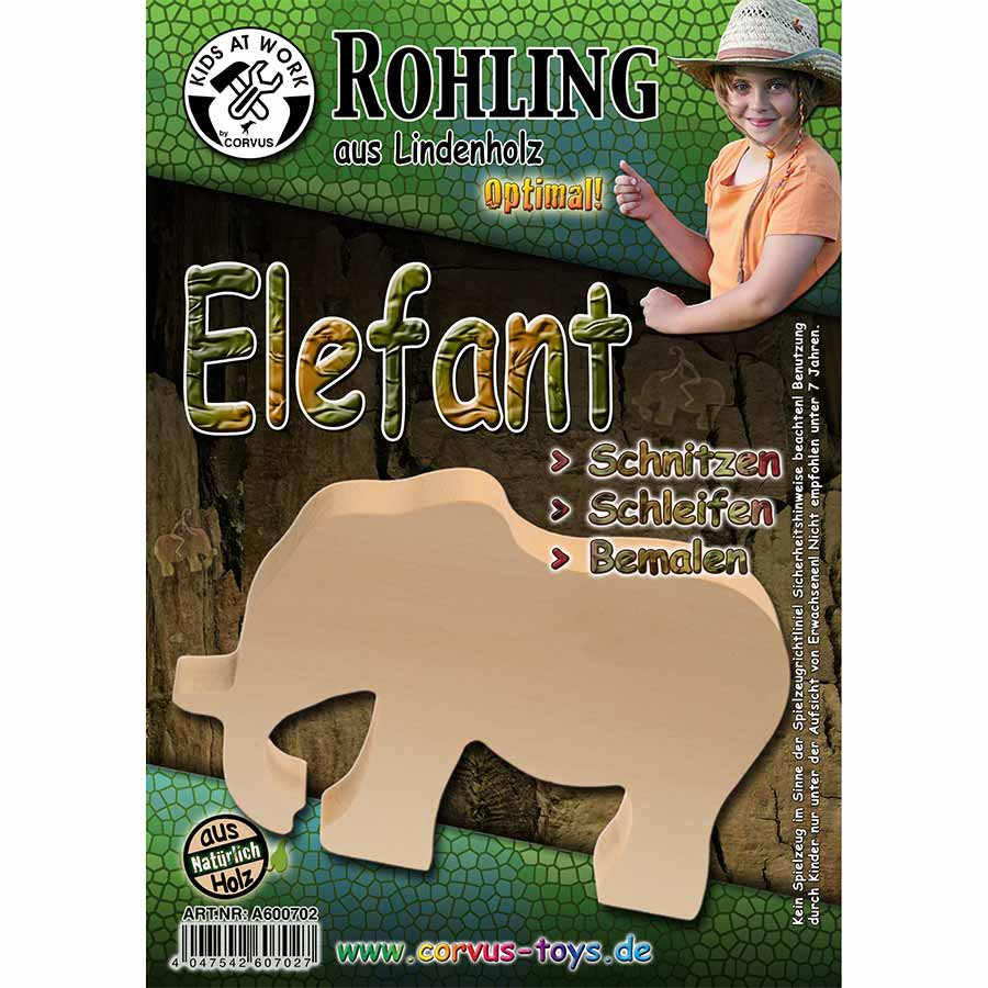 Schnitzrohling Holztier - Elefant