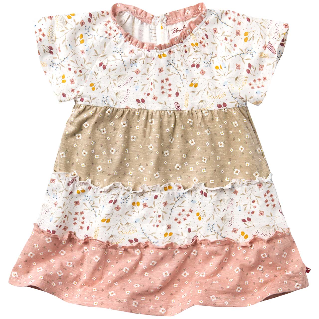 Luftiges Stufenkleid kurzarm Blümchen rosa-beige